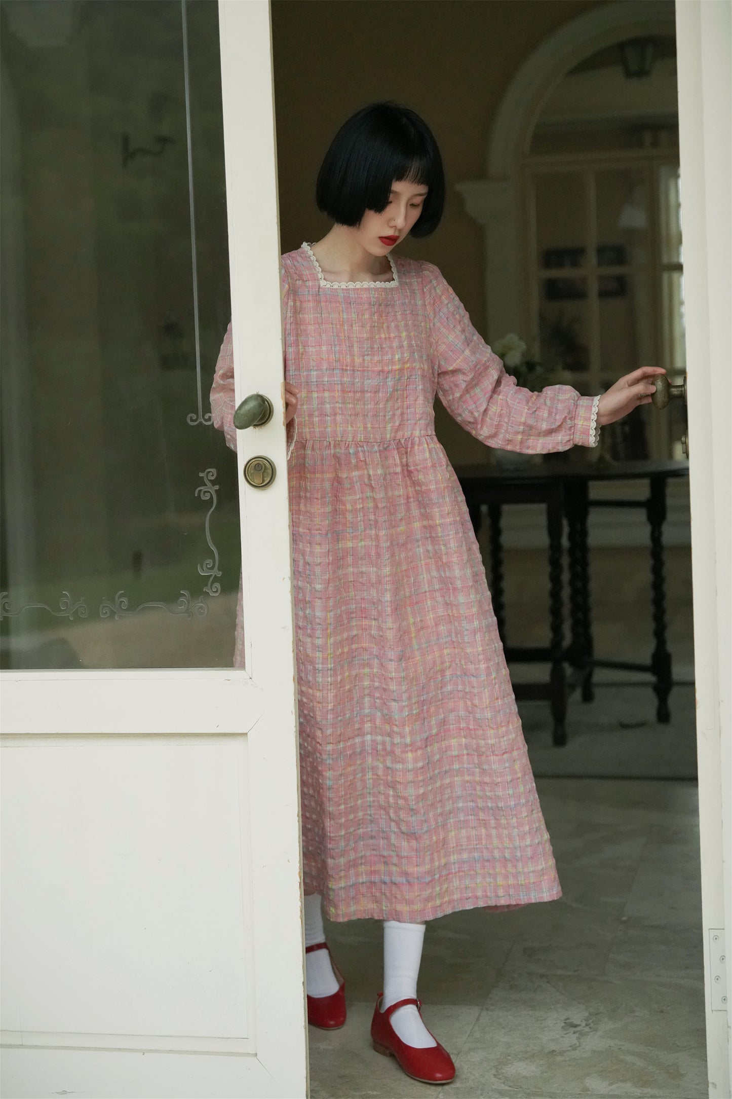 ピンクチェックワンピース•7064221010(紐付き）