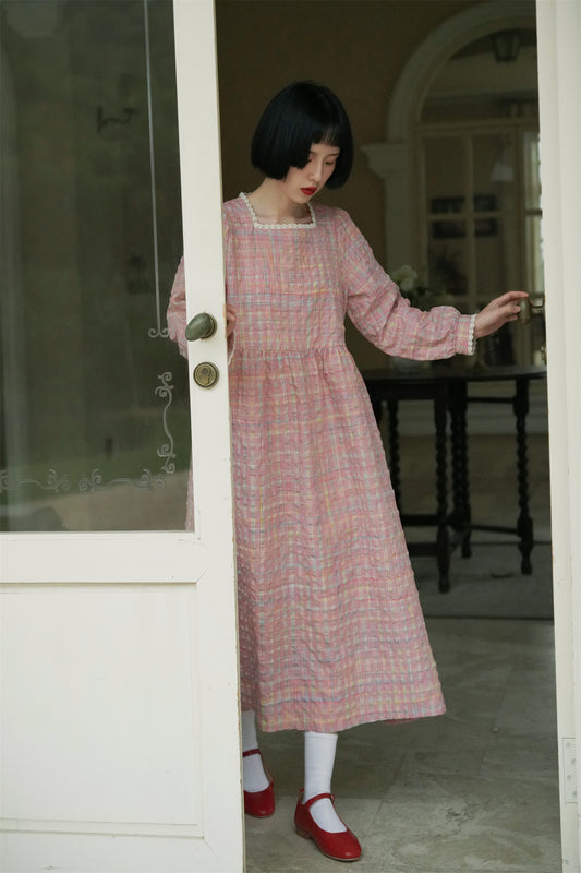 ピンクチェックワンピース•7064221010(紐付き）