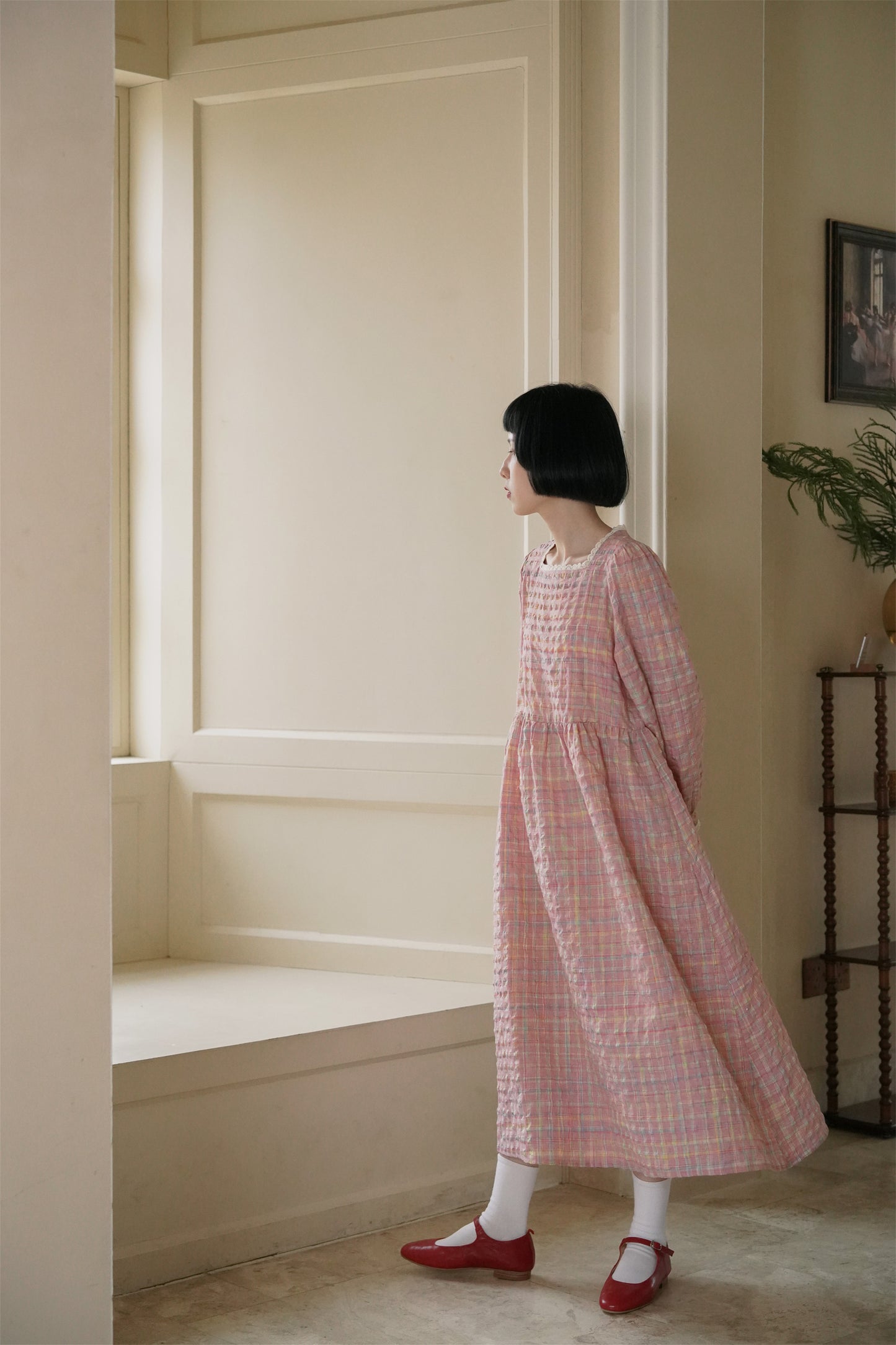 ピンクチェックワンピース•7064221010(紐付き）